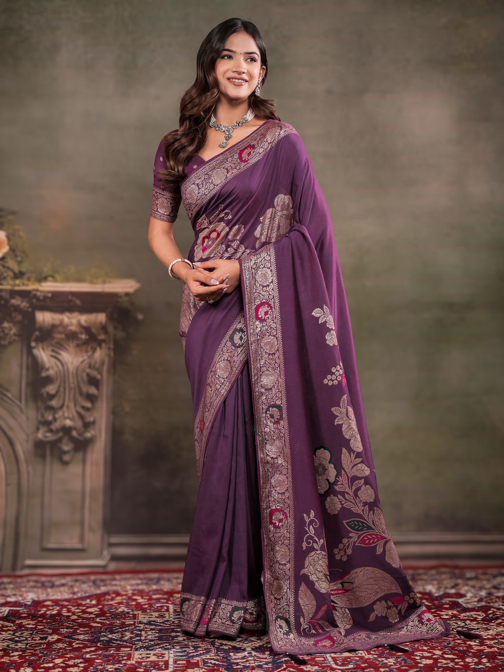 Plum Purple Nylon Viscose Pure Saree with Floral Woven Border, Elegant Botanical Design, Designer Pallu & Tassel Edges