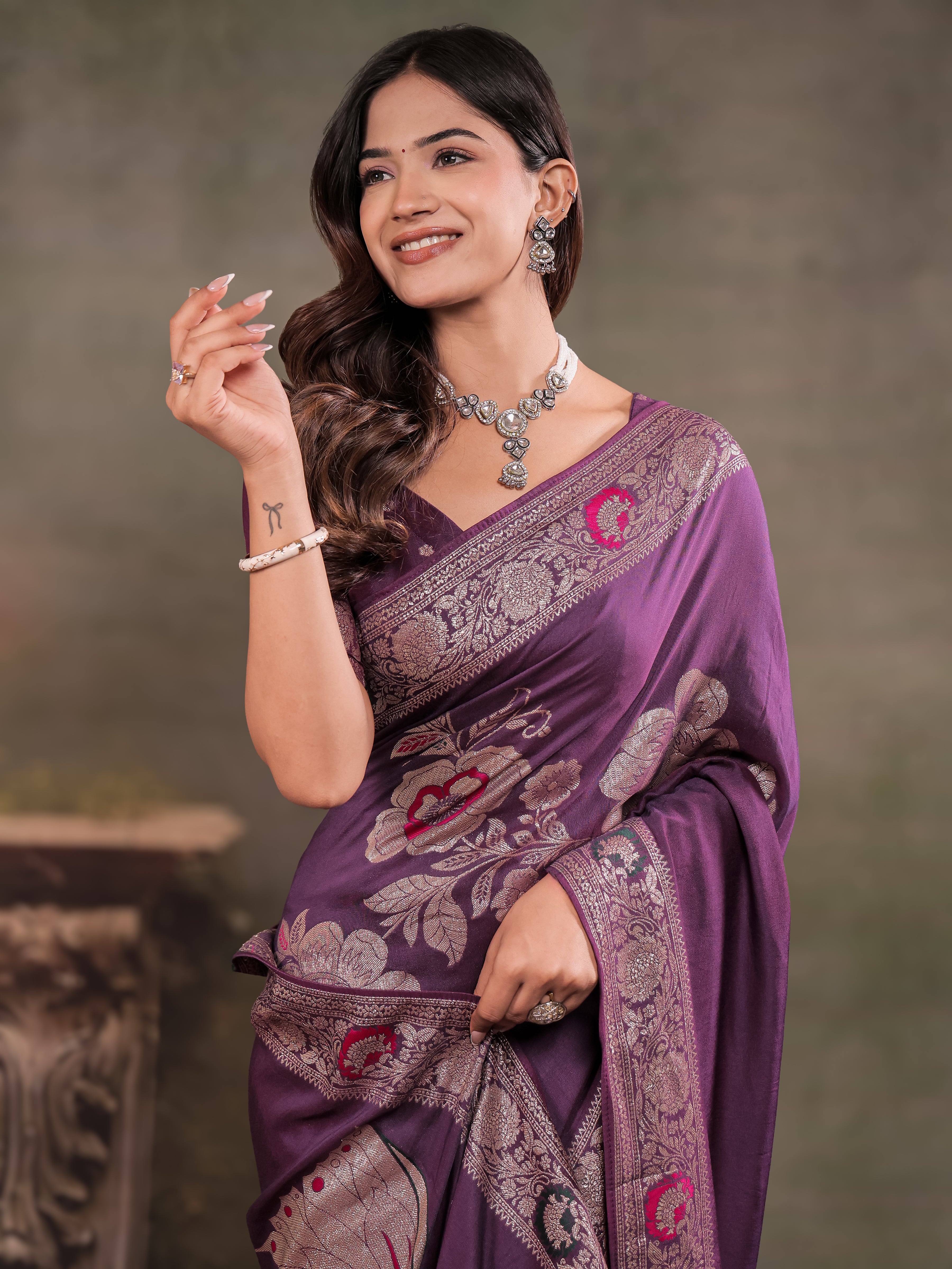 Plum Purple Nylon Viscose Pure Saree with Floral Woven Border, Elegant Botanical Design, Designer Pallu & Tassel Edges