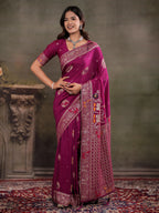 Magenta Nylon Viscose Pure Saree with Traditional Woven Border, Heritage Motif Design, Grand Designer Pallu & Tassel Edges