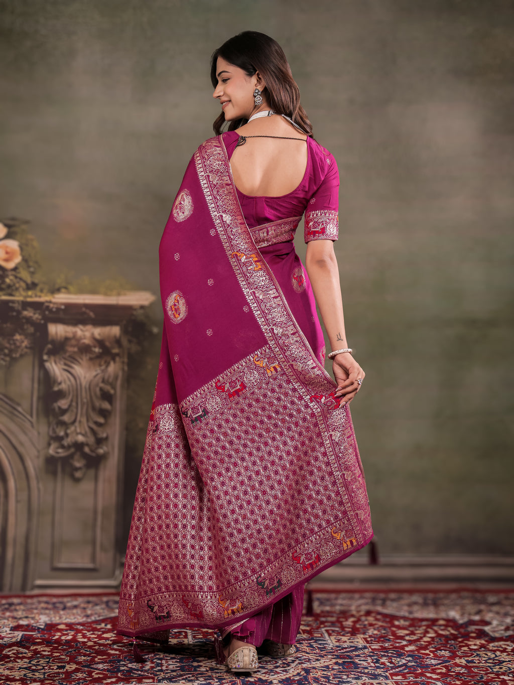 Magenta Nylon Viscose Pure Saree with Traditional Woven Border, Heritage Motif Design, Grand Designer Pallu & Tassel Edges