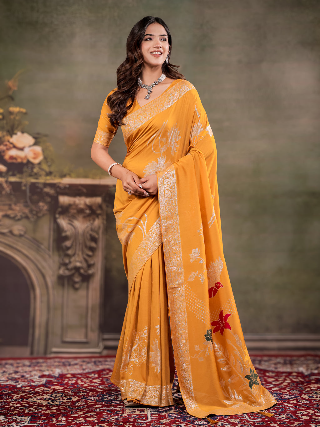 Mustard Yellow Nylon Viscose Pure Saree with Silver Woven Border, Floral Botanical Design, Elegant Designer Pallu & Tassel Edges