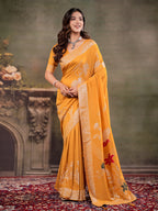 Mustard Yellow Nylon Viscose Pure Saree with Silver Woven Border, Floral Botanical Design, Elegant Designer Pallu & Tassel Edges