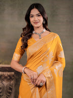 Mustard Yellow Nylon Viscose Pure Saree with Silver Woven Border, Floral Botanical Design, Elegant Designer Pallu & Tassel Edges