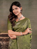 Olive Green Satin Silk Saree with All-Over Paisley Woven Design, Rich Designer Border & Grand Traditional Pallu