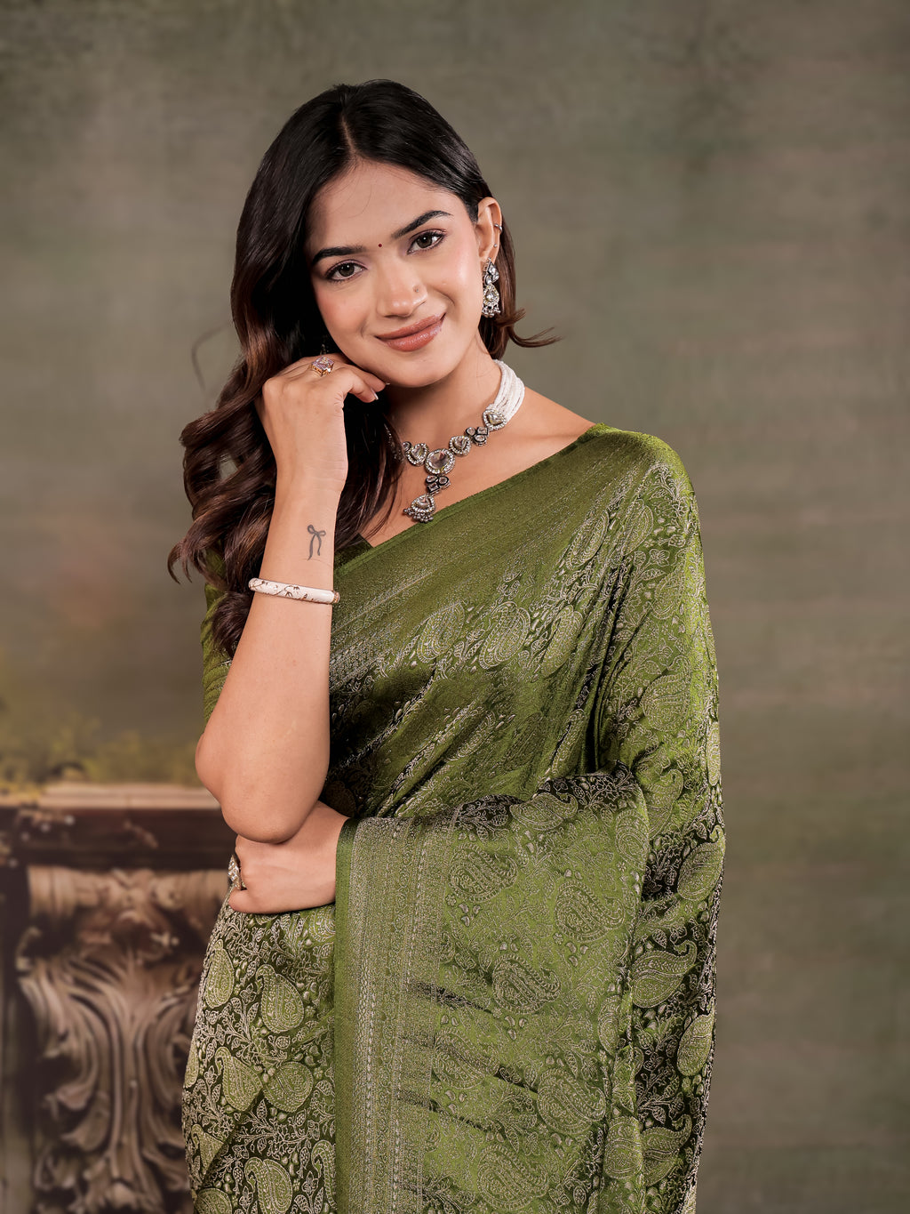 Olive Green Satin Silk Saree with All-Over Paisley Woven Design, Rich Designer Border & Grand Traditional Pallu