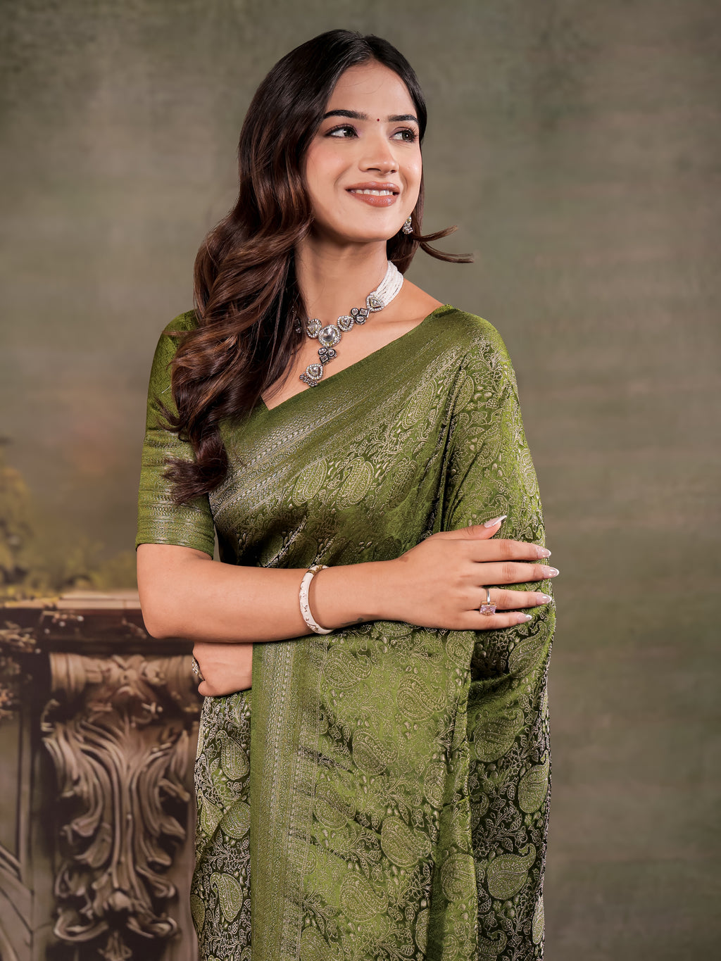 Olive Green Satin Silk Saree with All-Over Paisley Woven Design, Rich Designer Border & Grand Traditional Pallu