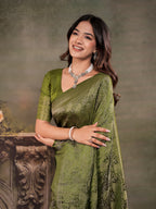 Olive Green Satin Silk Saree with All-Over Paisley Woven Design, Rich Designer Border & Grand Traditional Pallu