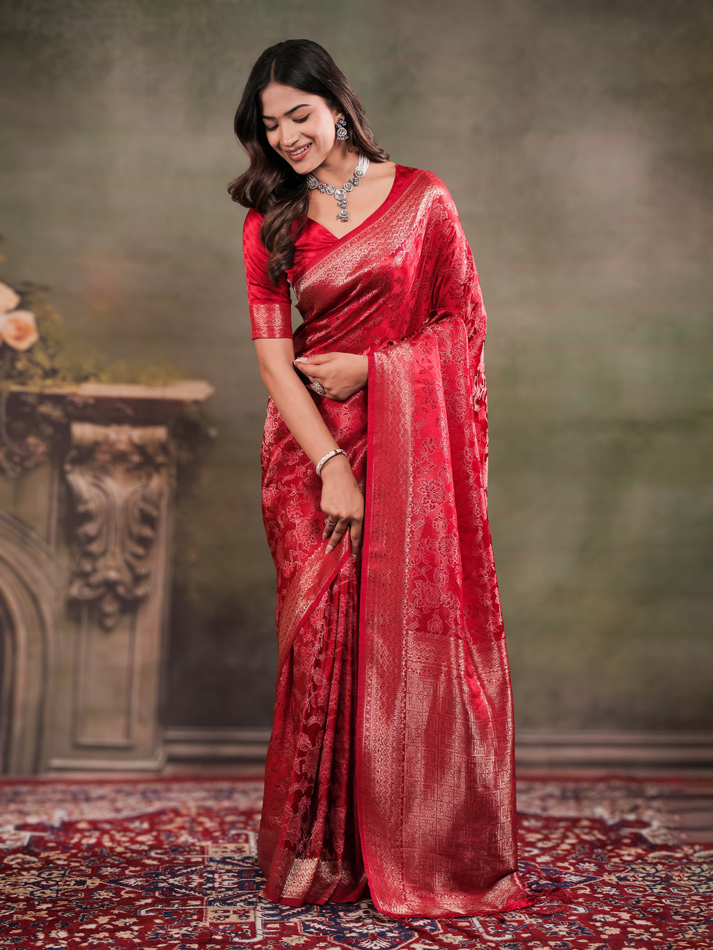 Ruby Red Satin Silk Saree with All-Over Floral Jacquard Weaving, Rich Zari Border, Grand Designer Pallu & Tassel Edges