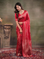 Ruby Red Satin Silk Saree with All-Over Floral Jacquard Weaving, Rich Zari Border, Grand Designer Pallu & Tassel Edges