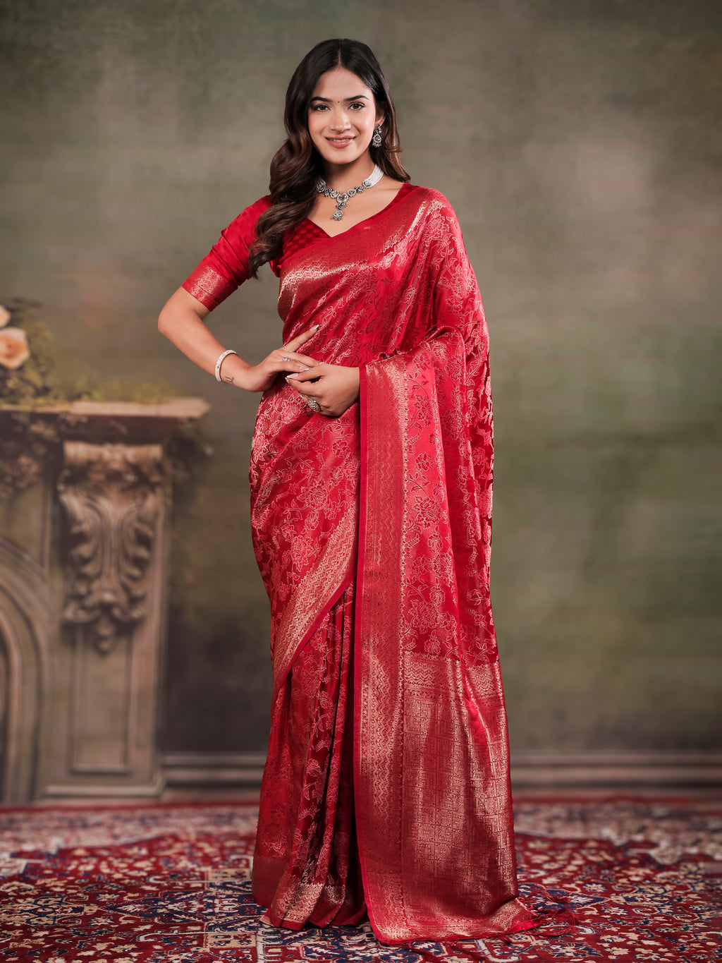 Ruby Red Satin Silk Saree with All-Over Floral Jacquard Weaving, Rich Zari Border, Grand Designer Pallu & Tassel Edges