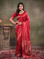 Ruby Red Satin Silk Saree with All-Over Floral Jacquard Weaving, Rich Zari Border, Grand Designer Pallu & Tassel Edges