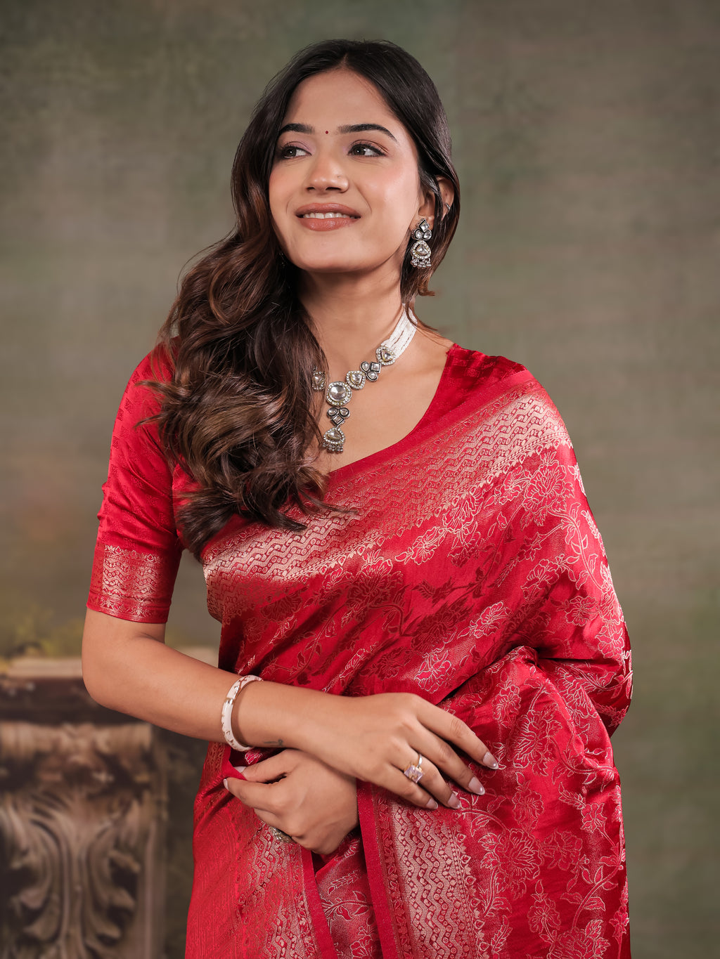Ruby Red Satin Silk Saree with All-Over Floral Jacquard Weaving, Rich Zari Border, Grand Designer Pallu & Tassel Edges