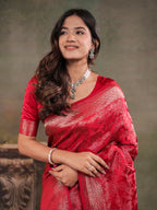Ruby Red Satin Silk Saree with All-Over Floral Jacquard Weaving, Rich Zari Border, Grand Designer Pallu & Tassel Edges