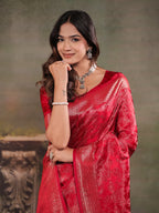 Ruby Red Satin Silk Saree with All-Over Floral Jacquard Weaving, Rich Zari Border, Grand Designer Pallu & Tassel Edges