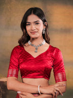 Ruby Red Satin Silk Saree with All-Over Floral Jacquard Weaving, Rich Zari Border, Grand Designer Pallu & Tassel Edges