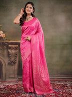 Hot Pink Satin Silk Saree with All-Over Floral Jacquard Weaving, Rich Zari Border, Grand Designer Pallu & Tassel Edges