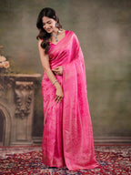 Hot Pink Satin Silk Saree with All-Over Floral Jacquard Weaving, Rich Zari Border, Grand Designer Pallu & Tassel Edges