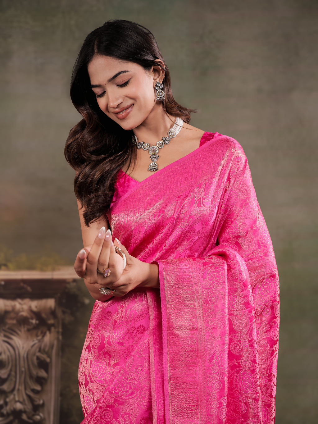 Hot Pink Satin Silk Saree with All-Over Floral Jacquard Weaving, Rich Zari Border, Grand Designer Pallu & Tassel Edges