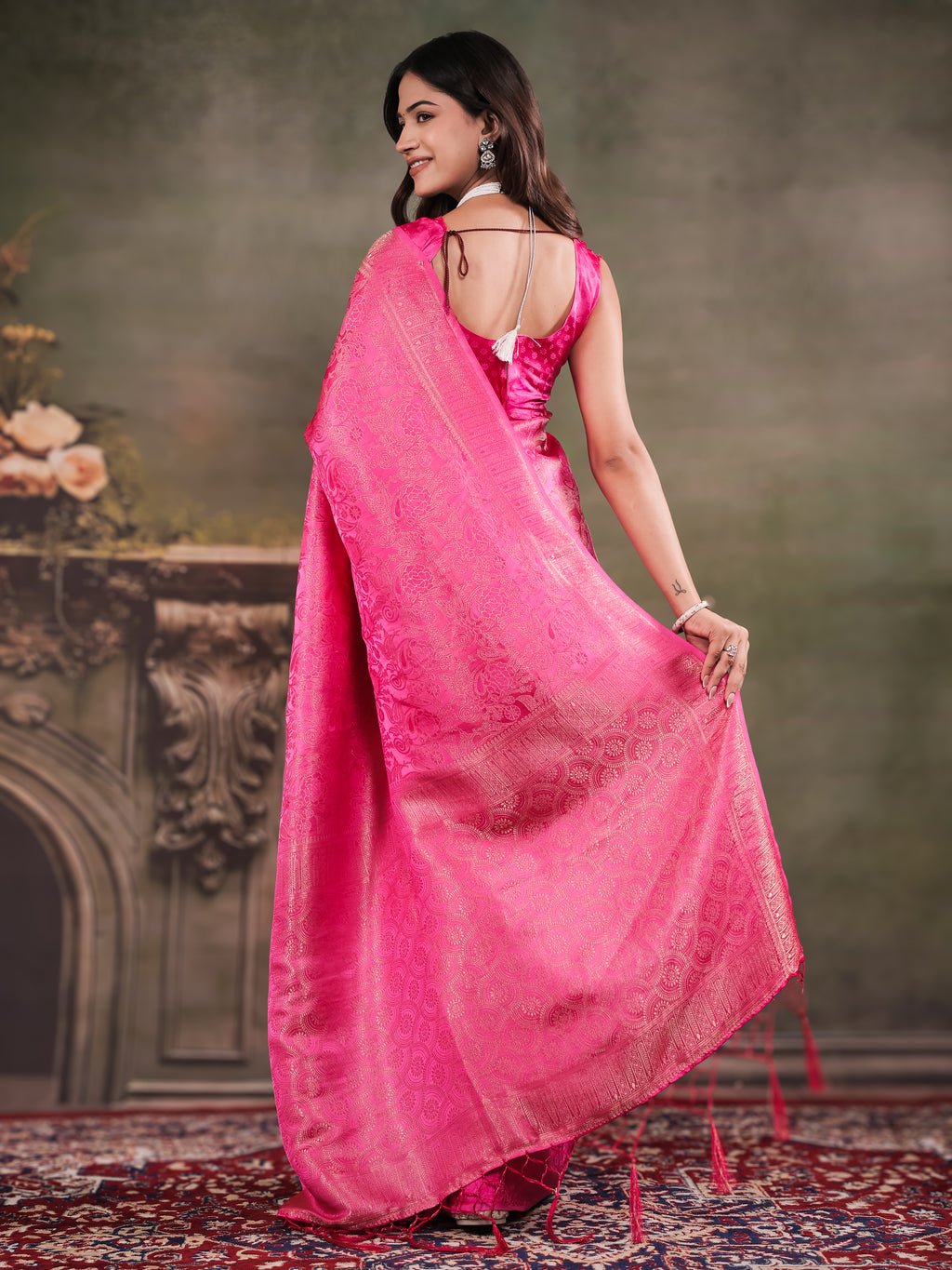 Hot Pink Satin Silk Saree with All-Over Floral Jacquard Weaving, Rich Zari Border, Grand Designer Pallu & Tassel Edges