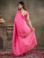Hot Pink Satin Silk Saree with All-Over Floral Jacquard Weaving, Rich Zari Border, Grand Designer Pallu & Tassel Edges