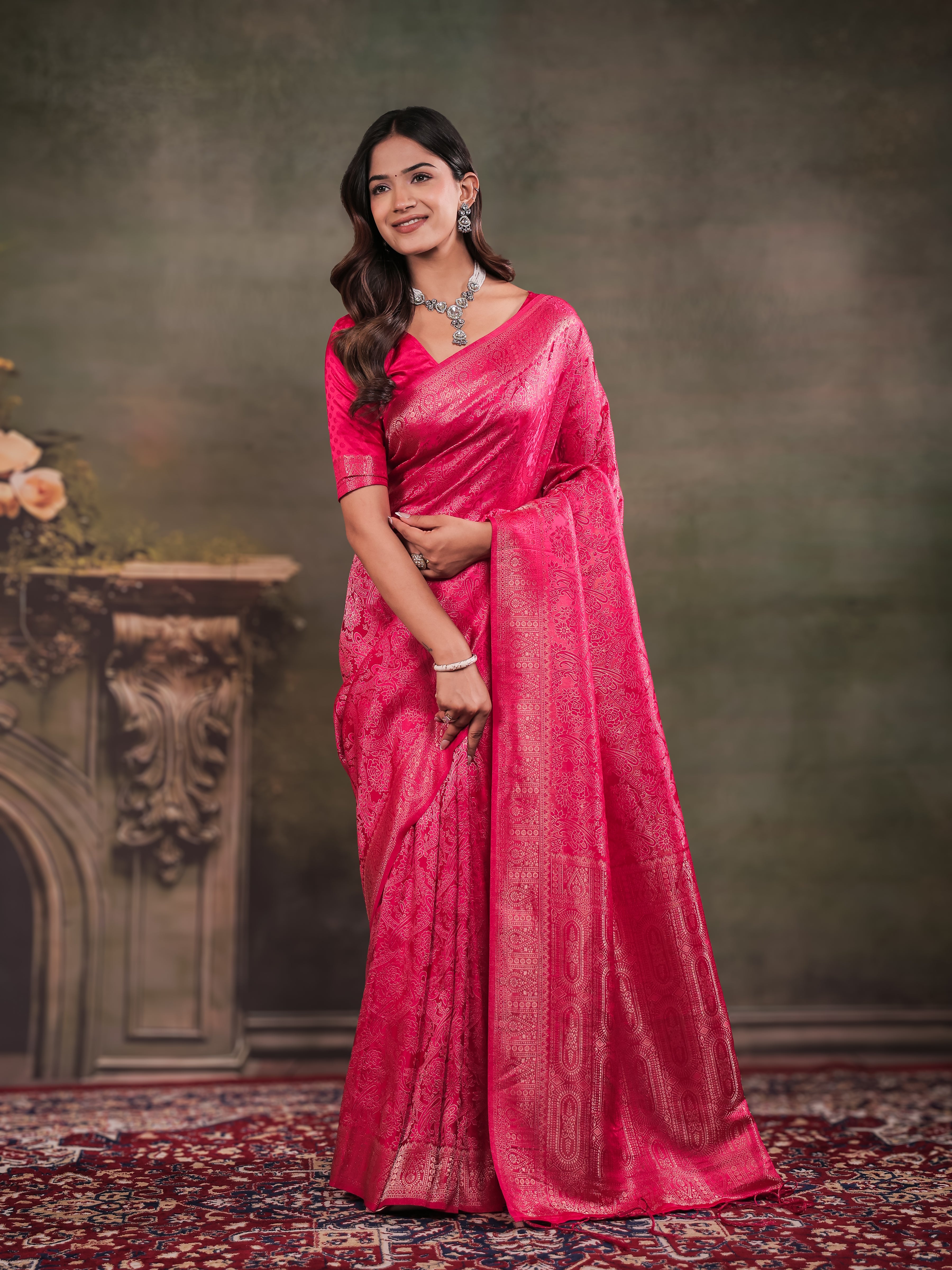 Rani Pink Satin Silk Saree with All-Over Floral Jacquard Weaving, Rich Zari Border, Grand Designer Pallu & Tassel Edges