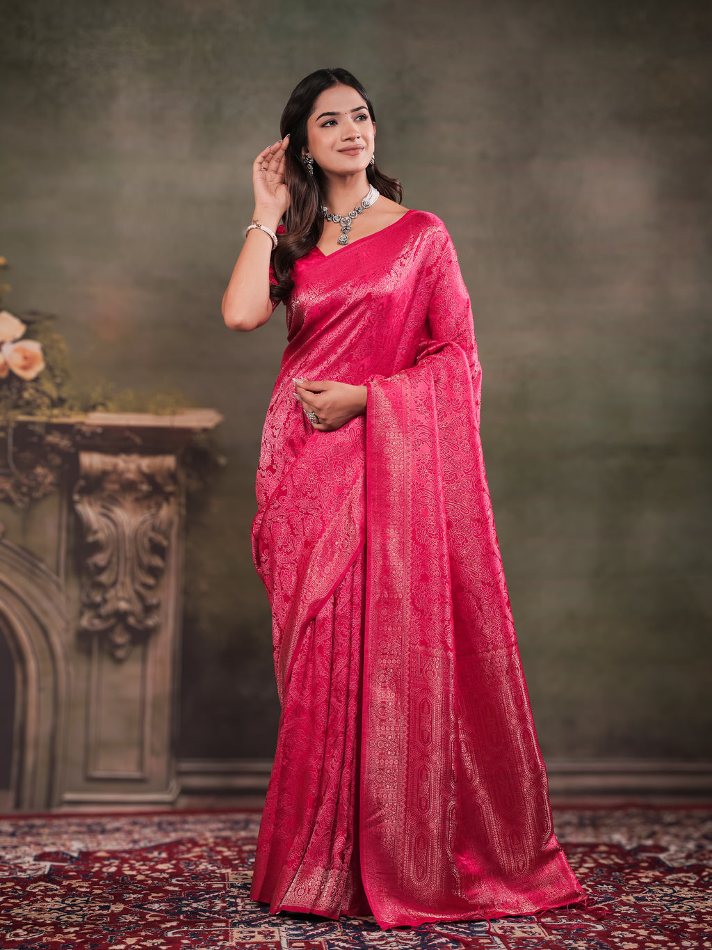 Rani Pink Satin Silk Saree with All-Over Floral Jacquard Weaving, Rich Zari Border, Grand Designer Pallu & Tassel Edges