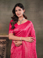 Rani Pink Satin Silk Saree with All-Over Floral Jacquard Weaving, Rich Zari Border, Grand Designer Pallu & Tassel Edges