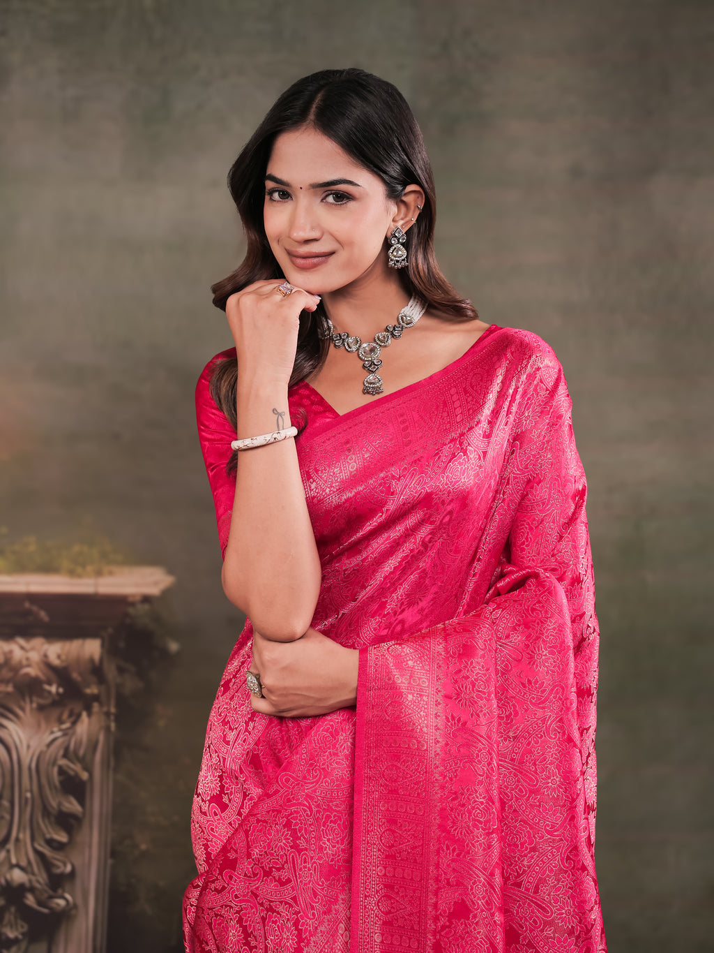 Rani Pink Satin Silk Saree with All-Over Floral Jacquard Weaving, Rich Zari Border, Grand Designer Pallu & Tassel Edges