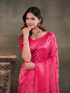 Rani Pink Satin Silk Saree with All-Over Floral Jacquard Weaving, Rich Zari Border, Grand Designer Pallu & Tassel Edges