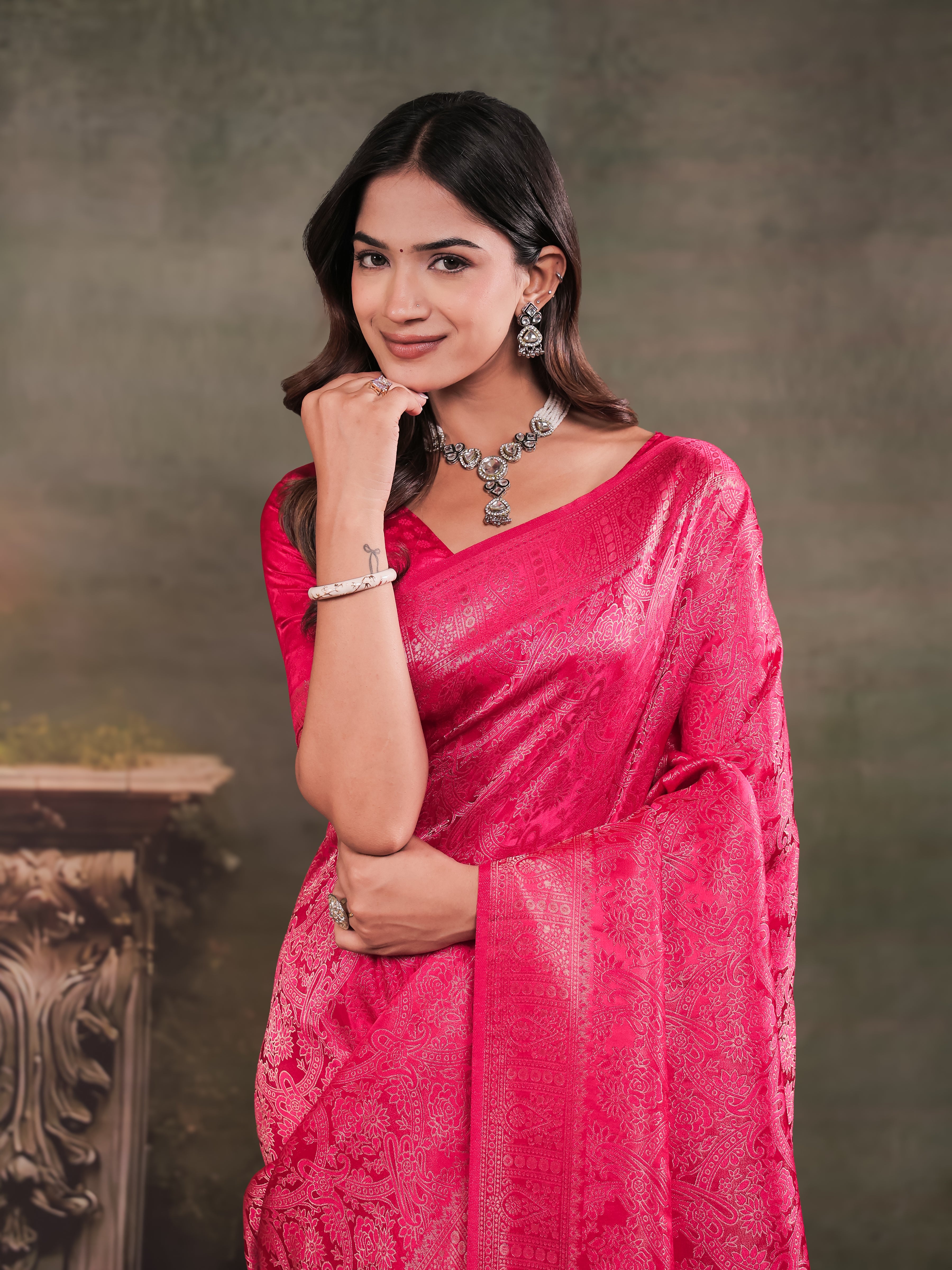 Rani Pink Satin Silk Saree with All-Over Floral Jacquard Weaving, Rich Zari Border, Grand Designer Pallu & Tassel Edges