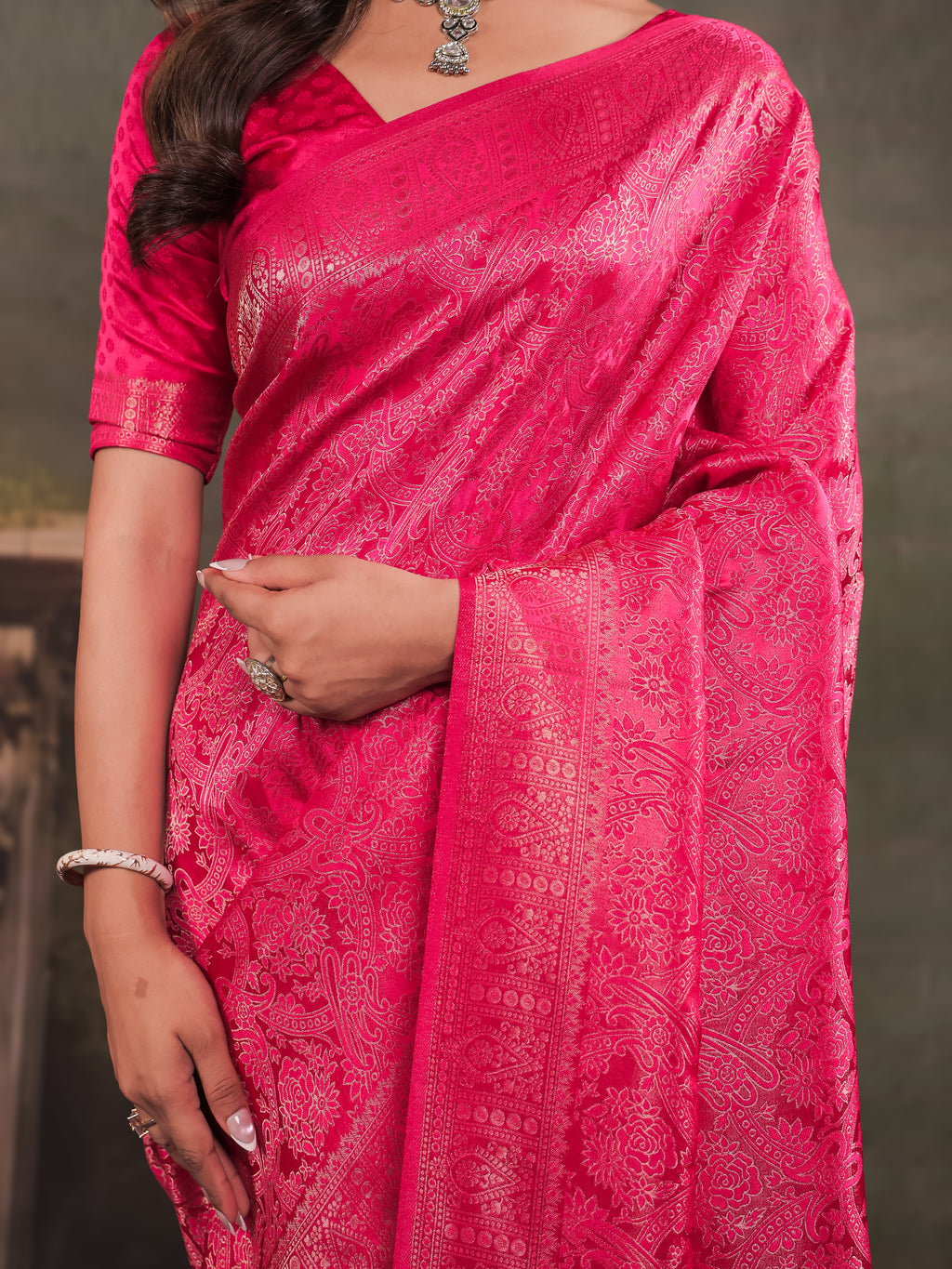 Rani Pink Satin Silk Saree with All-Over Floral Jacquard Weaving, Rich Zari Border, Grand Designer Pallu & Tassel Edges