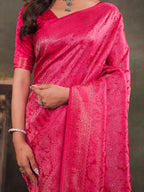Rani Pink Satin Silk Saree with All-Over Floral Jacquard Weaving, Rich Zari Border, Grand Designer Pallu & Tassel Edges