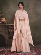 Blush Pink Satin Co-Ord Set with Intricate Embroidered Cape Sleeves & Wide-Leg Palazzo