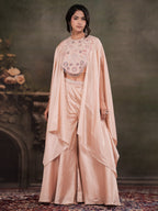 Blush Pink Satin Co-Ord Set with Intricate Embroidered Cape Sleeves & Wide-Leg Palazzo