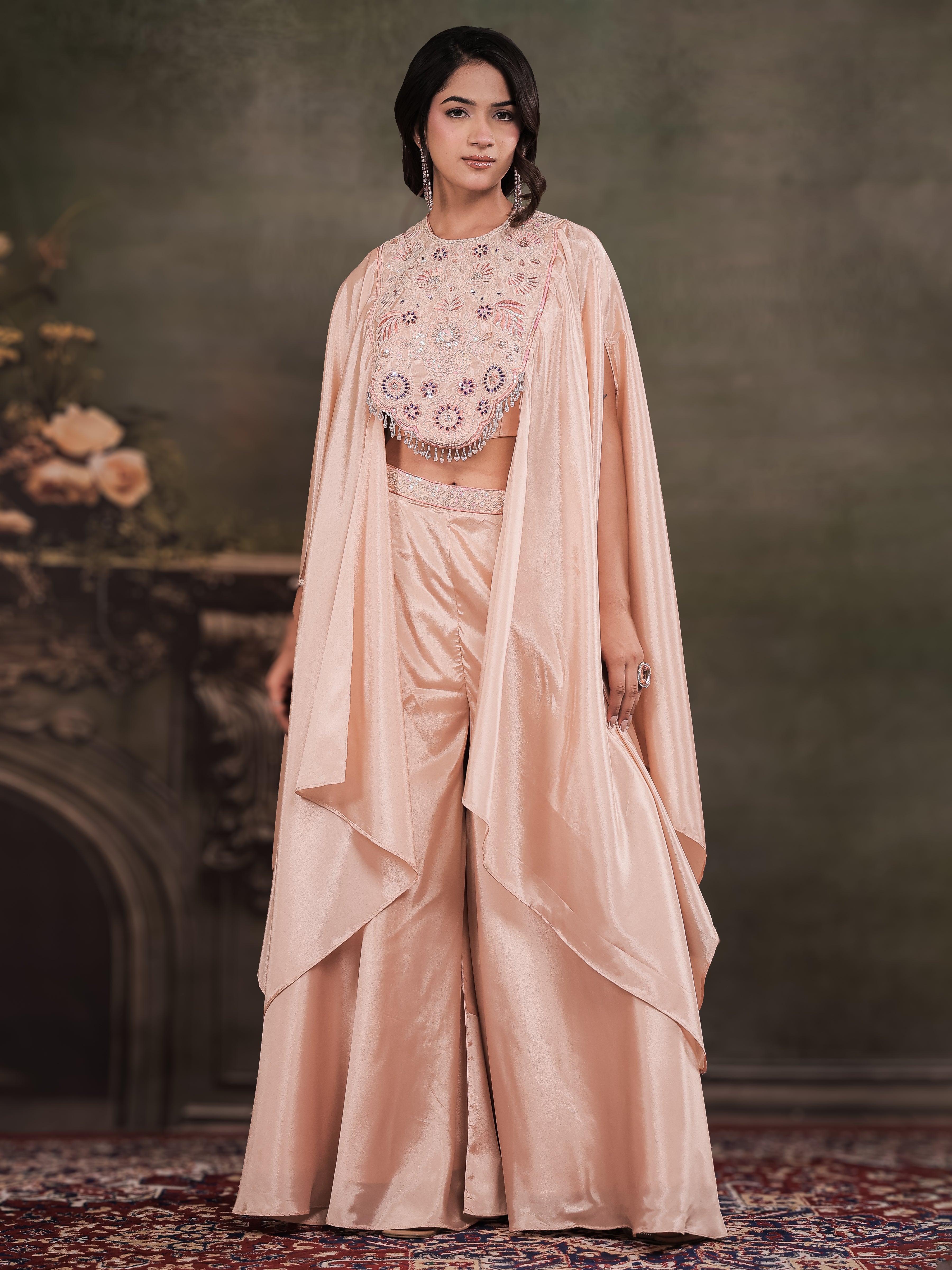 Blush Pink Satin Co-Ord Set with Intricate Embroidered Cape Sleeves & Wide-Leg Palazzo