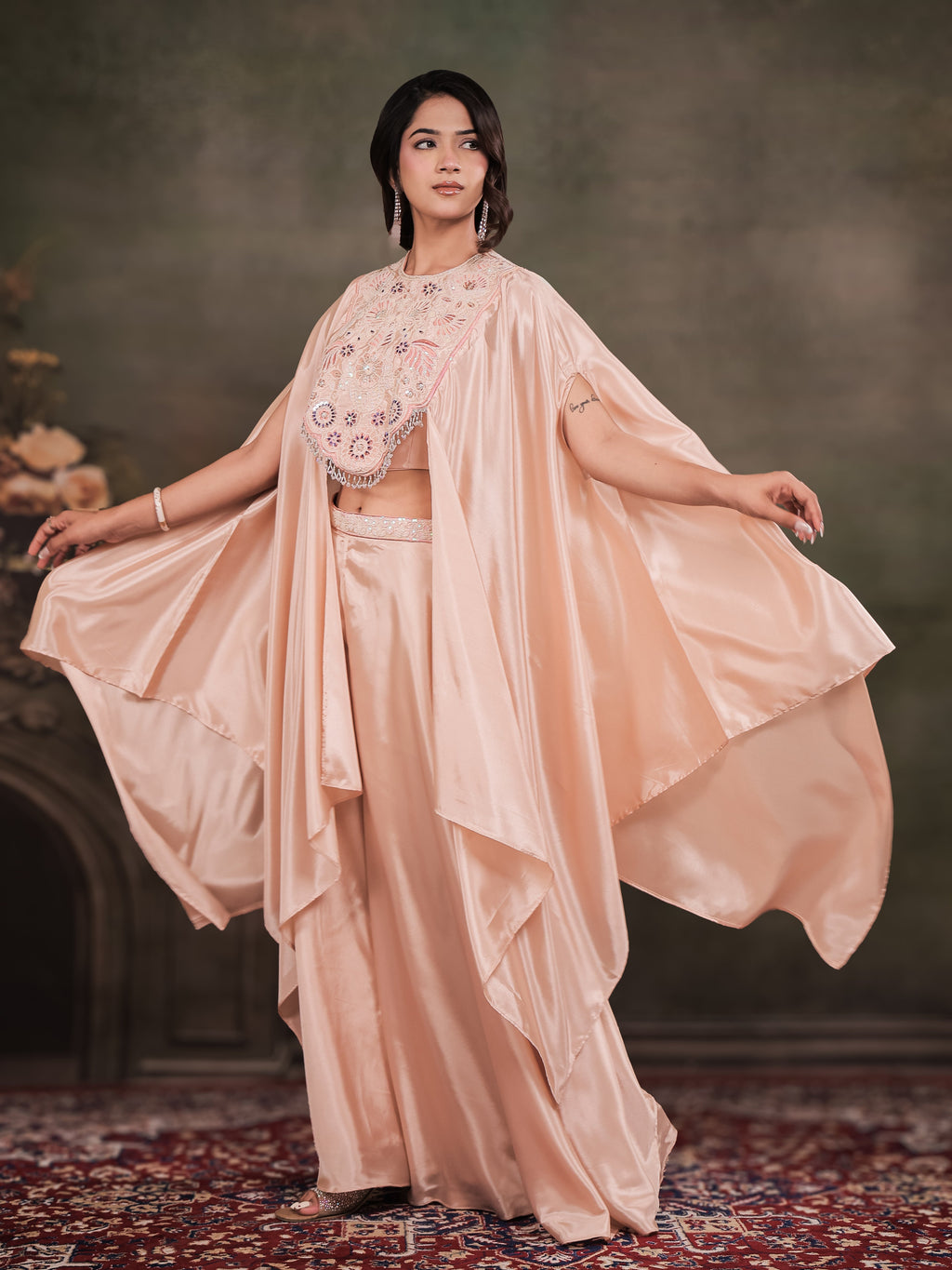 Blush Pink Satin Co-Ord Set with Intricate Embroidered Cape Sleeves & Wide-Leg Palazzo