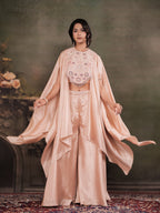 Blush Pink Satin Co-Ord Set with Intricate Embroidered Cape Sleeves & Wide-Leg Palazzo