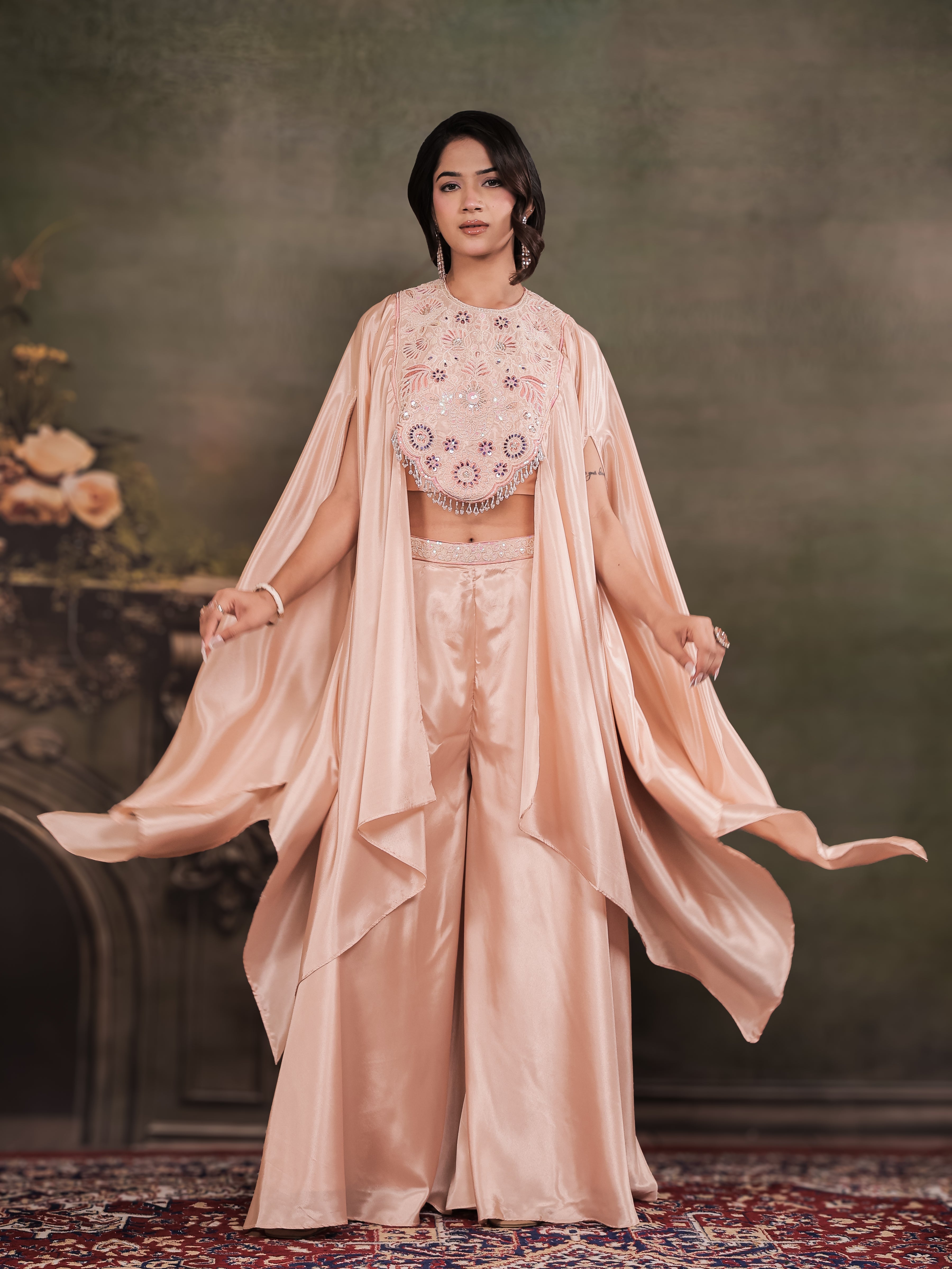 Blush Pink Satin Co-Ord Set with Intricate Embroidered Cape Sleeves & Wide-Leg Palazzo