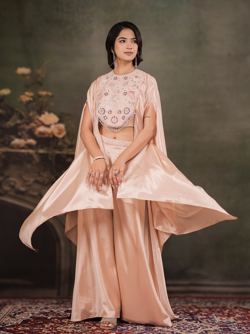 Blush Pink Satin Co-Ord Set with Intricate Embroidered Cape Sleeves & Wide-Leg Palazzo