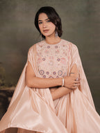 Blush Pink Satin Co-Ord Set with Intricate Embroidered Cape Sleeves & Wide-Leg Palazzo
