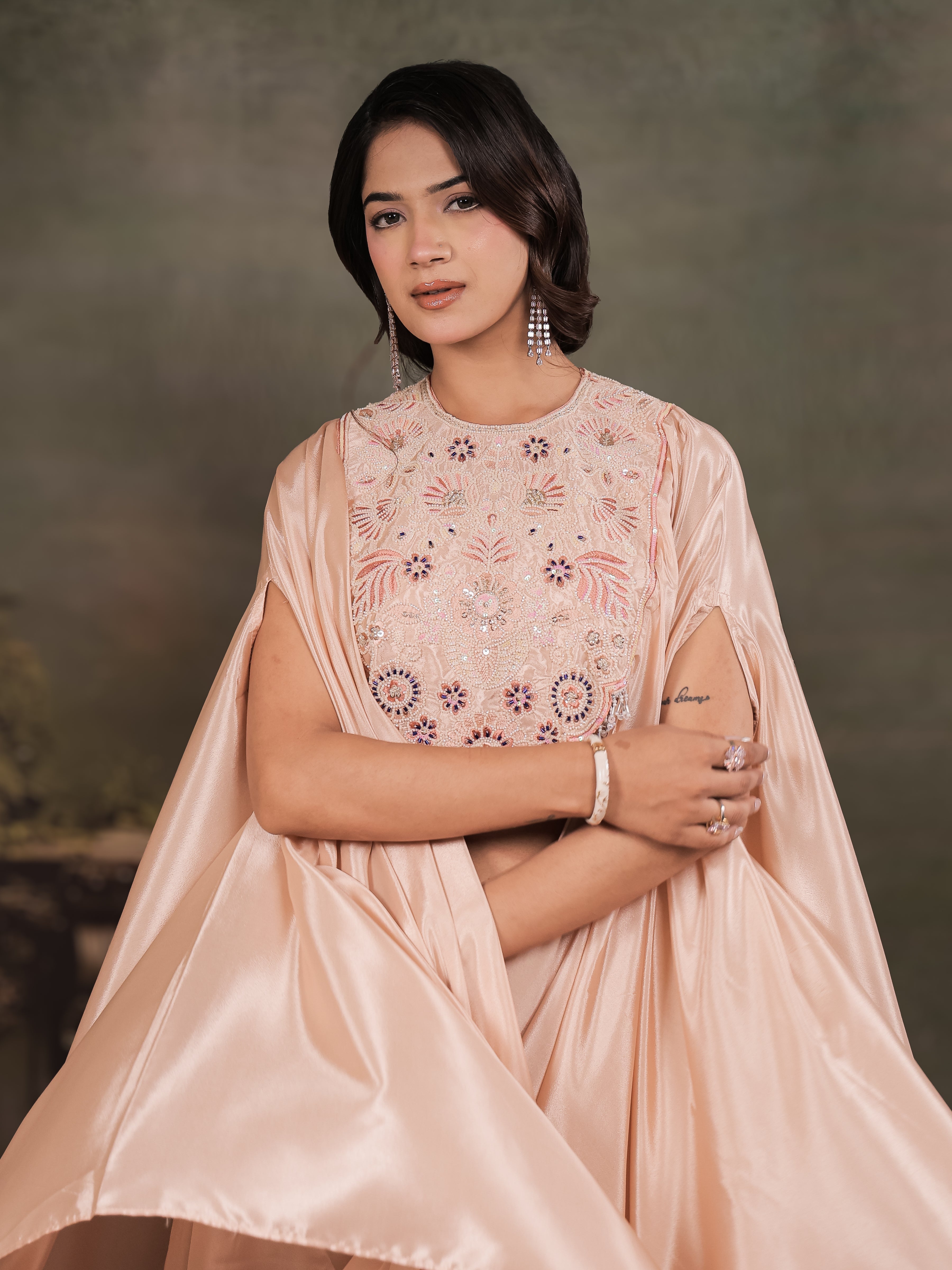 Blush Pink Satin Co-Ord Set with Intricate Embroidered Cape Sleeves & Wide-Leg Palazzo