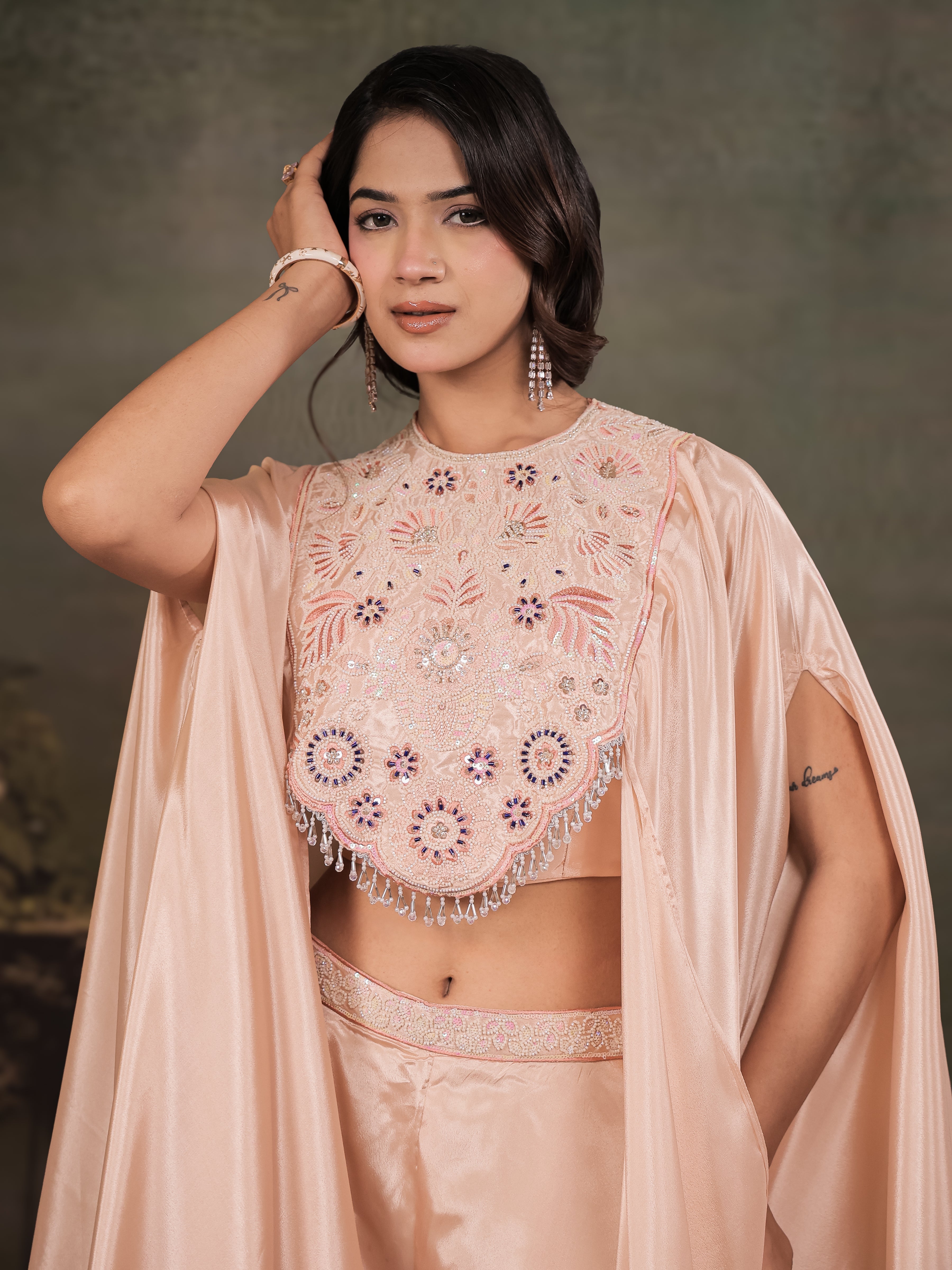 Blush Pink Satin Co-Ord Set with Intricate Embroidered Cape Sleeves & Wide-Leg Palazzo
