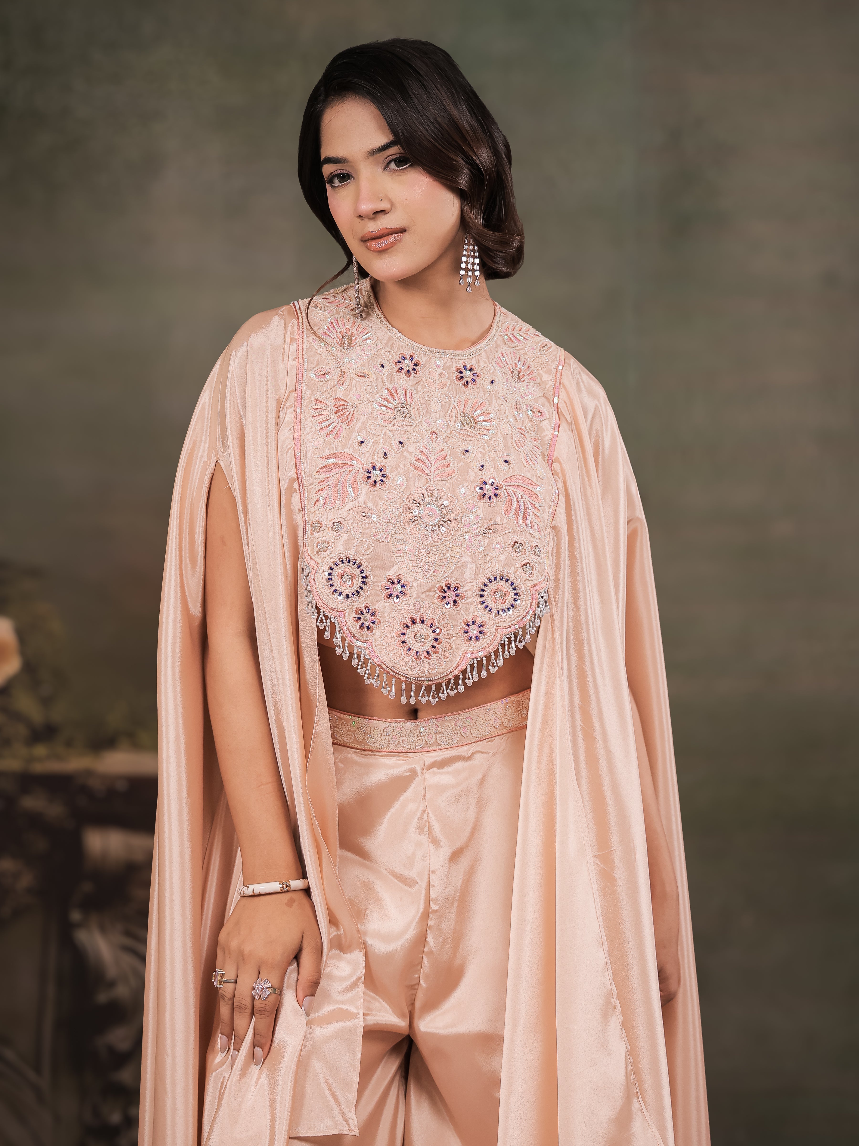 Blush Pink Satin Co-Ord Set with Intricate Embroidered Cape Sleeves & Wide-Leg Palazzo