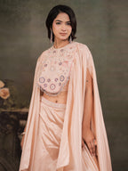 Blush Pink Satin Co-Ord Set with Intricate Embroidered Cape Sleeves & Wide-Leg Palazzo