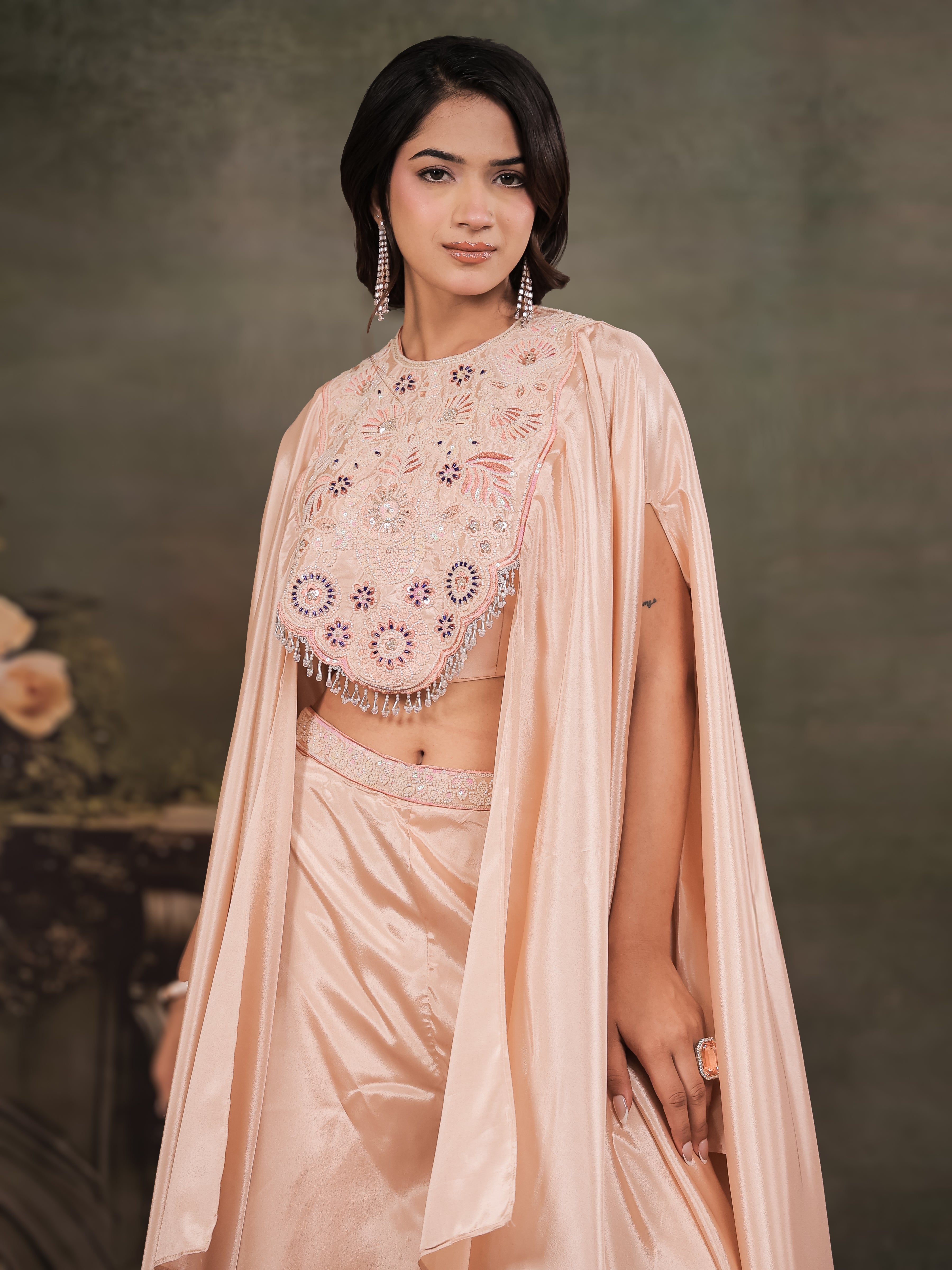 Blush Pink Satin Co-Ord Set with Intricate Embroidered Cape Sleeves & Wide-Leg Palazzo
