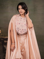 Blush Pink Satin Co-Ord Set with Intricate Embroidered Cape Sleeves & Wide-Leg Palazzo