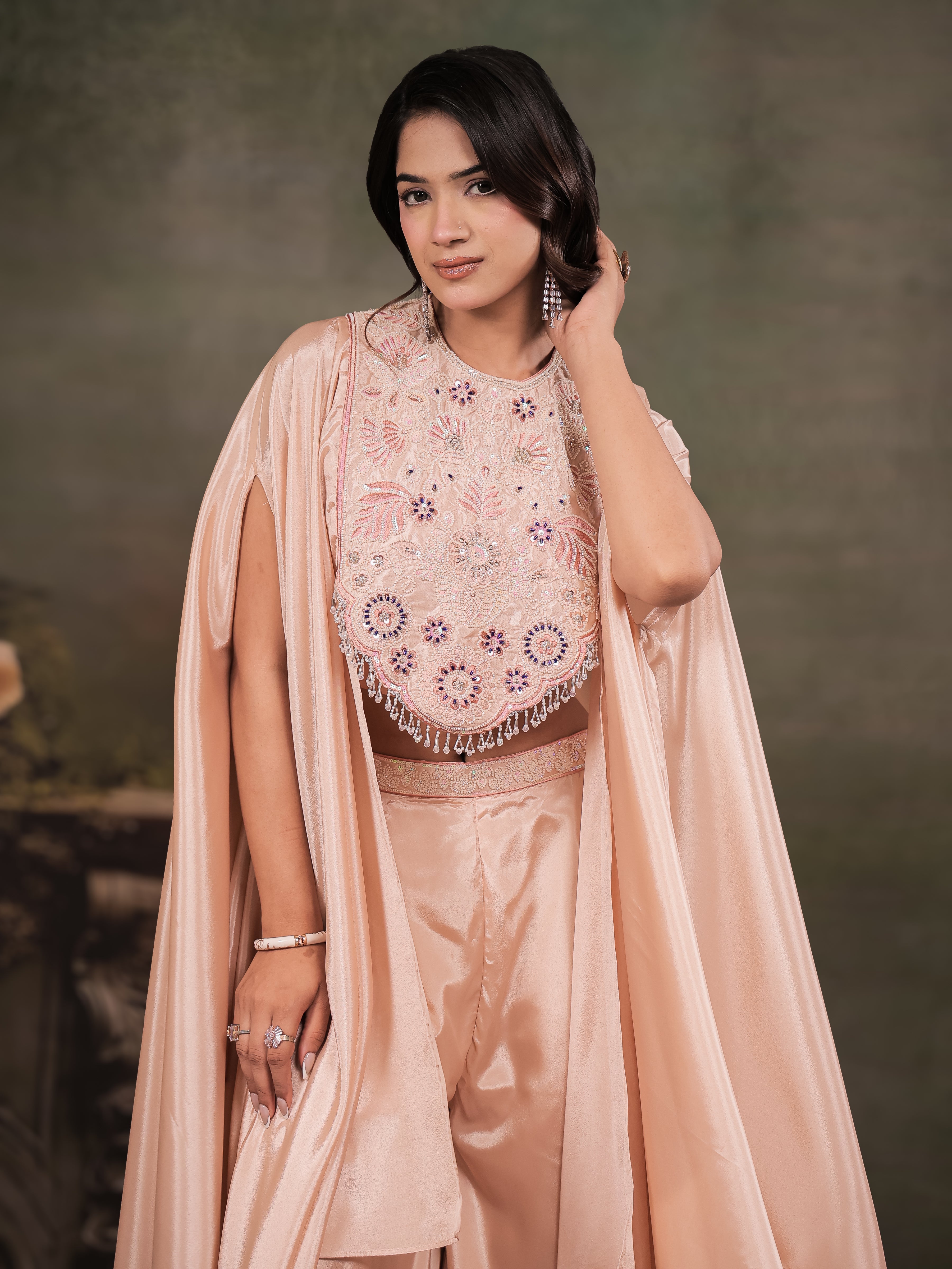 Blush Pink Satin Co-Ord Set with Intricate Embroidered Cape Sleeves & Wide-Leg Palazzo