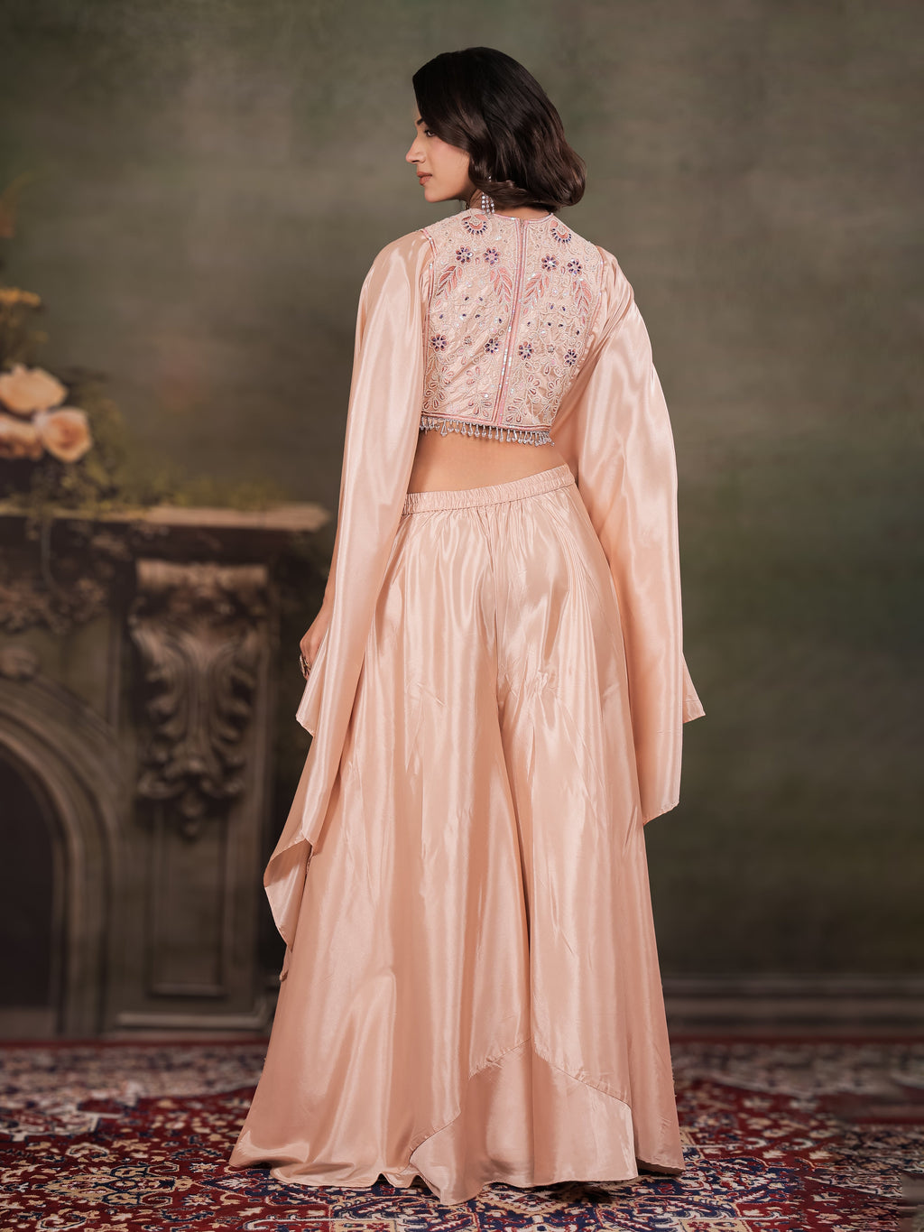Blush Pink Satin Co-Ord Set with Intricate Embroidered Cape Sleeves & Wide-Leg Palazzo