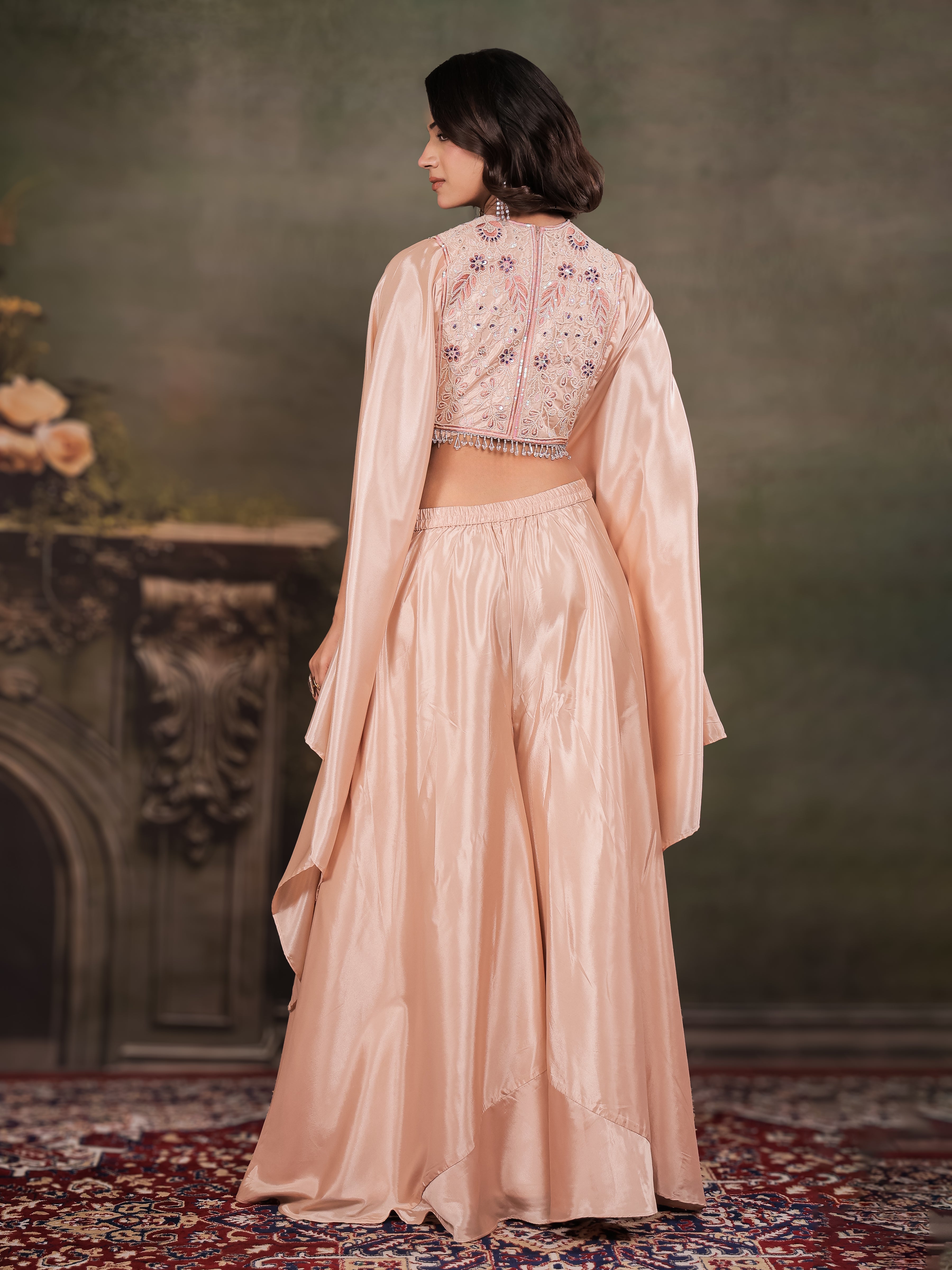 Blush Pink Satin Co-Ord Set with Intricate Embroidered Cape Sleeves & Wide-Leg Palazzo