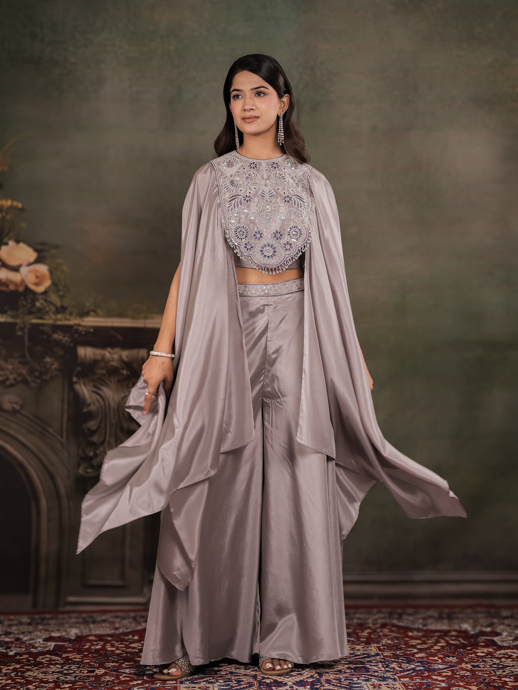 Silver Grey Satin Co-Ord Set with Intricate Embroidered Cape Sleeves & Wide-Leg Palazzo